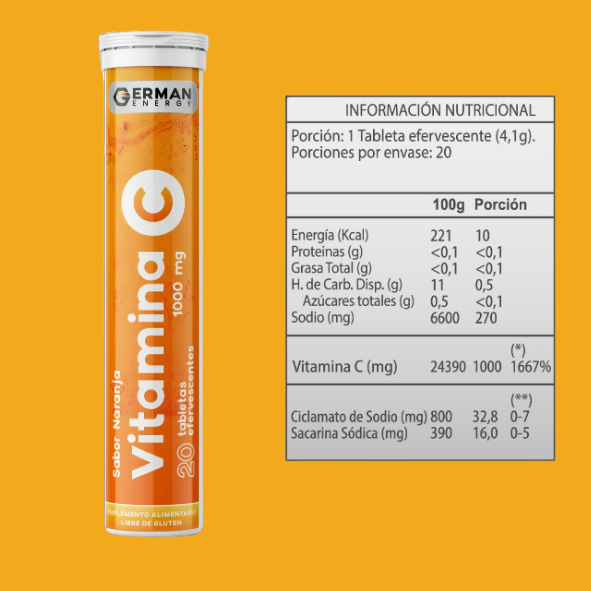 VITAMINA C TABLETA EFERVECENTE NARANJA 1000MG 20U - GERMAN ENERGY
